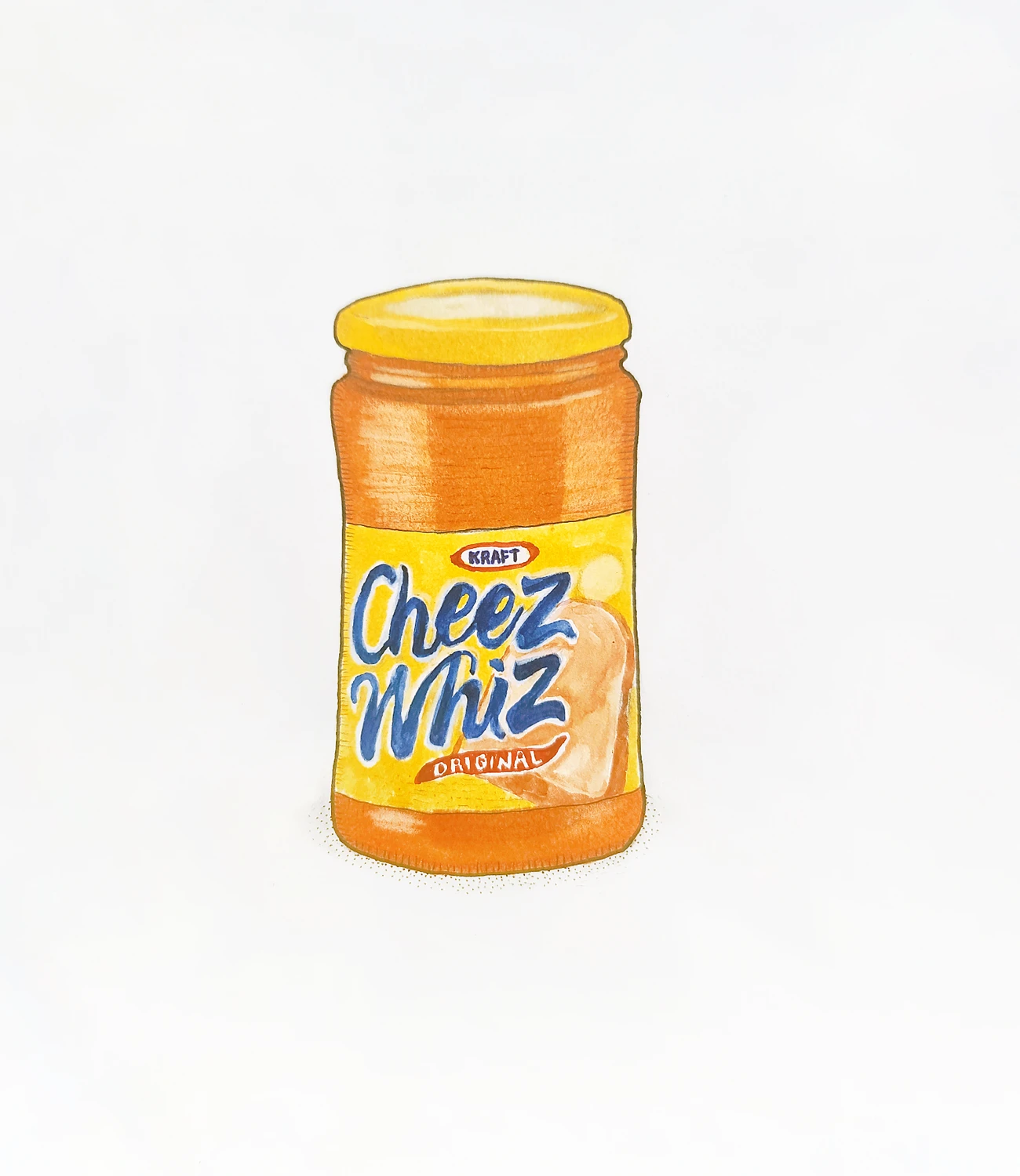 Illustration titled Cheez Whiz with bright yellow and orange on a jar shape
