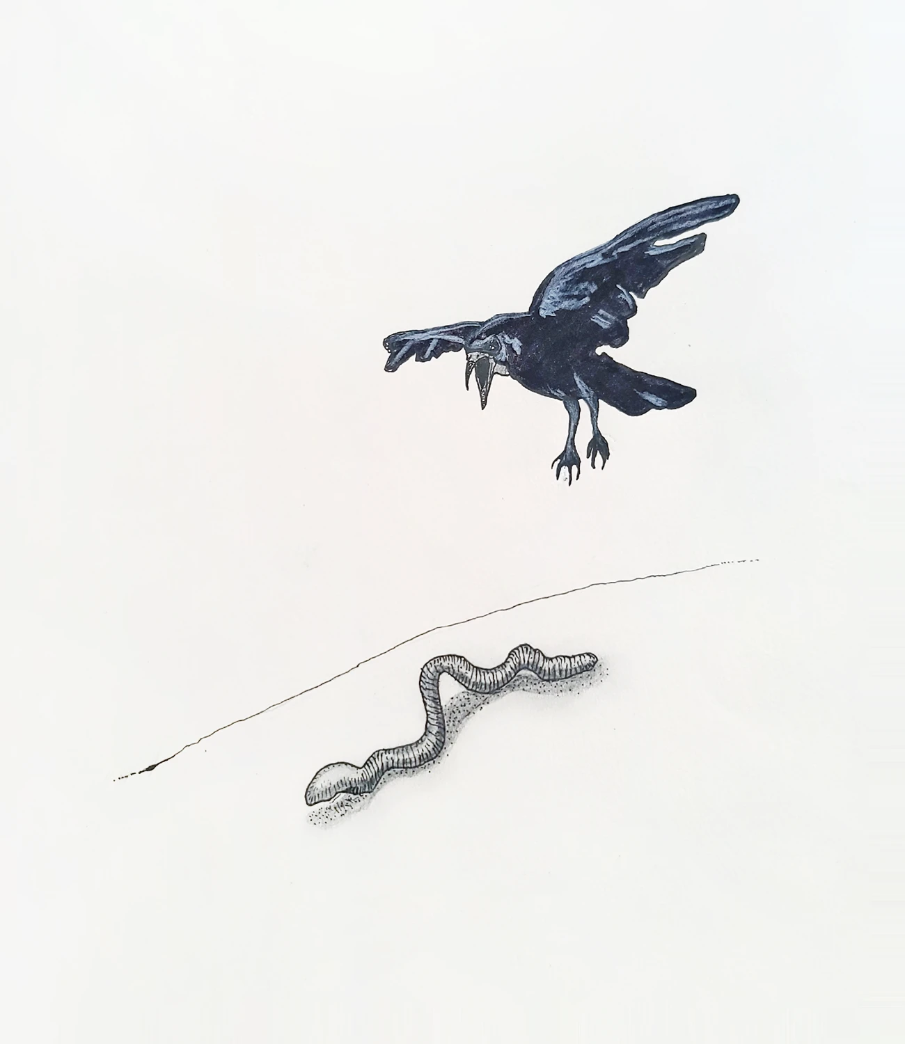 Illustration titled Spring featuring an angry bird chasing a worm