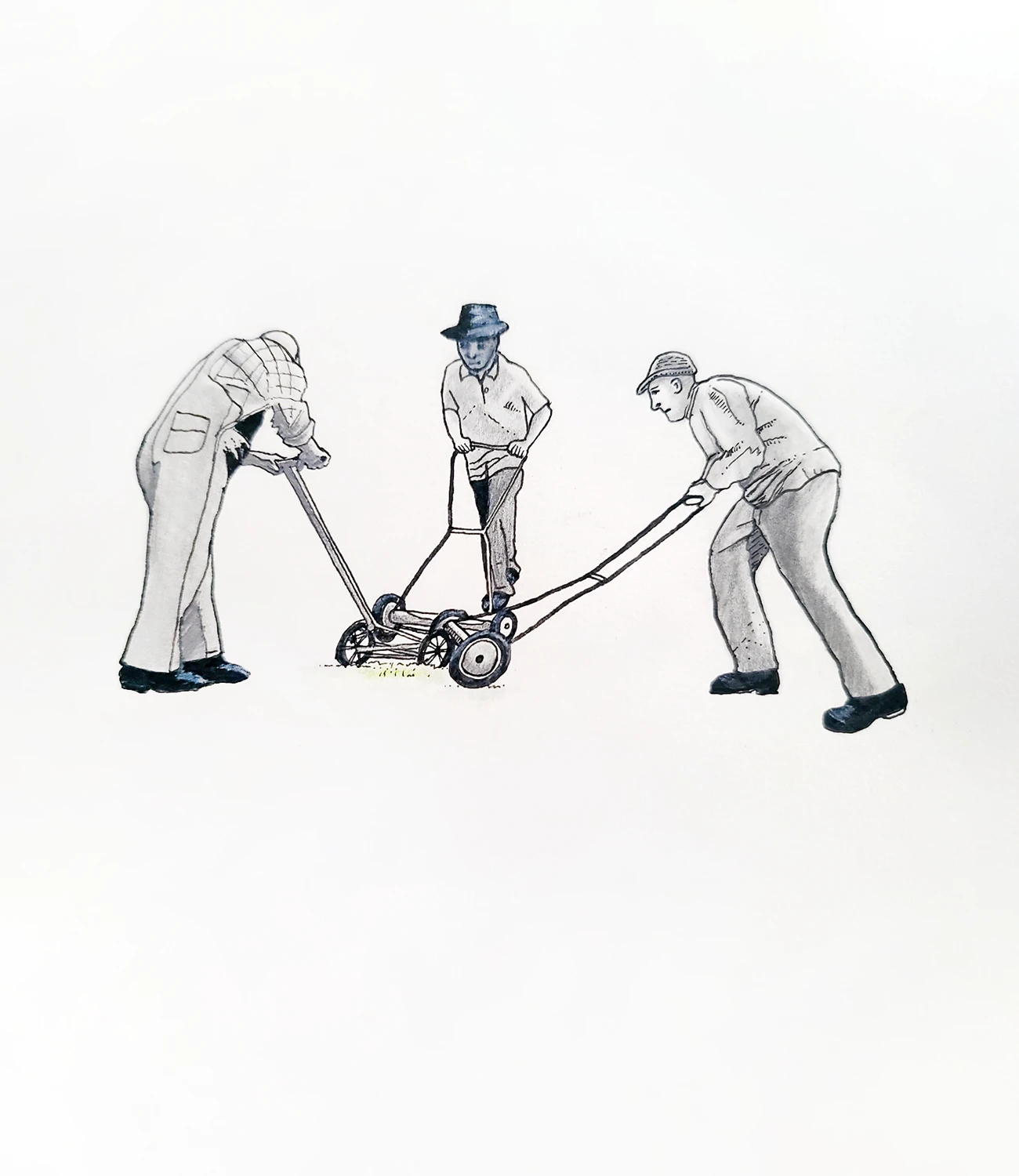 Illustration titled Triad featuring three guys fighing with push mowers
